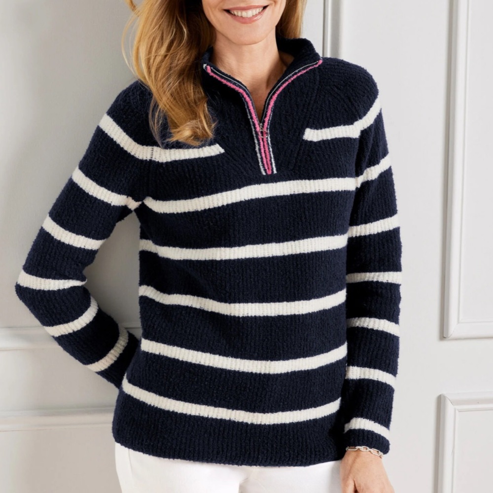 NWT Talbots Blue BOUCLÉ HALF-ZIP PULLOVER Sweater Sz 2094 STRIPE Navy Nautical